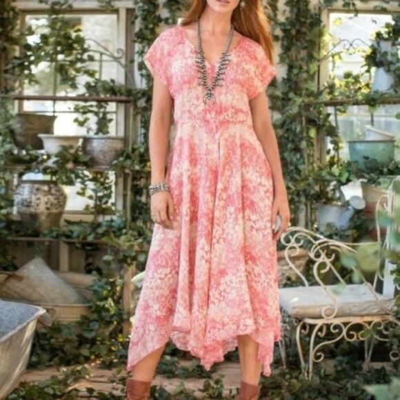 Sundance Avonlea Crinkle Silk Floral Coral Cottage Core Midi Dress P1788 - Picture 1 of 9